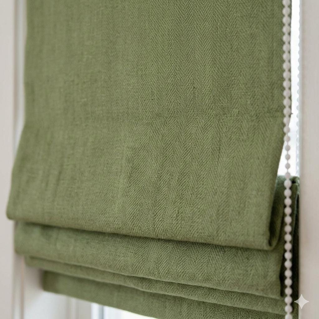 Sage Green Herringbone Linen Roman Shade, Custom Corded Window Blind (Light Filtering or Blackout) — image 1