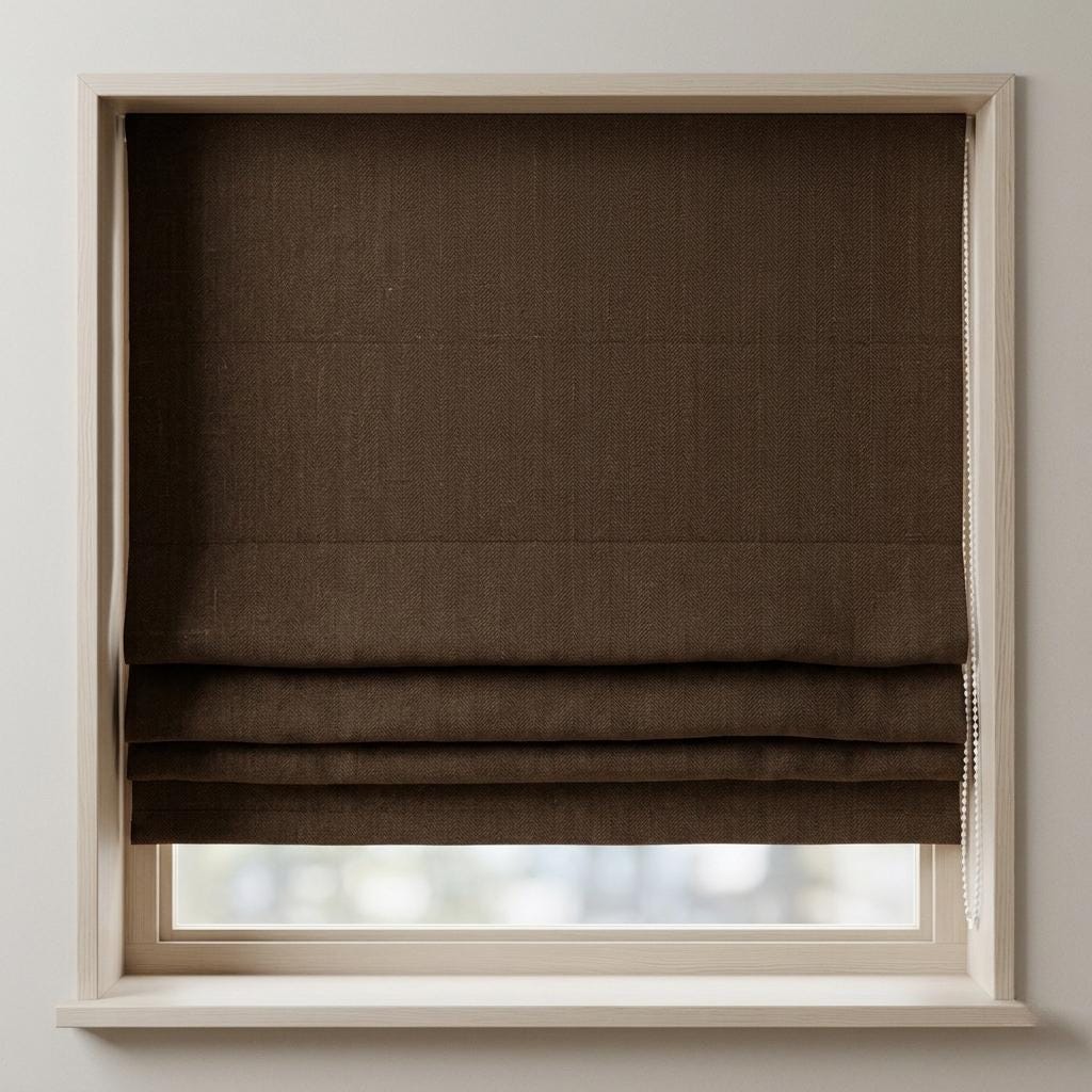 Dark Chocolate Herringbone Linen Roman Shade, Corded Window Blind (Light Filtering or Blackout Lined) — image 1