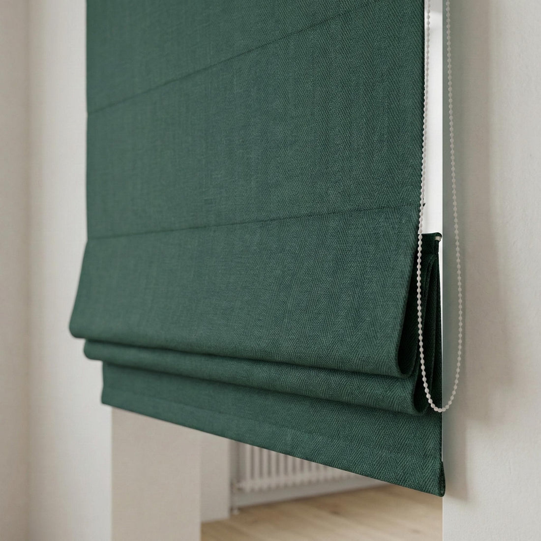 Deep Teal Herringbone Linen Roman Shade, Custom Corded Window Blind (Light Filtering or Blackout) — image 1