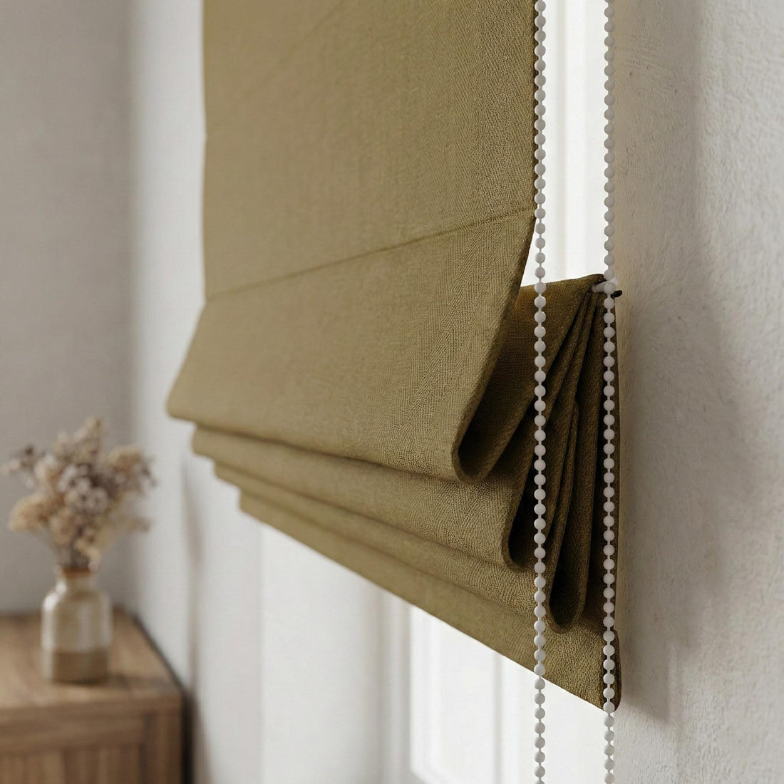Olive Mustard Herringbone Linen Roman Shade, Custom Corded Window Blind (Light Filtering or Blackout) — image 1