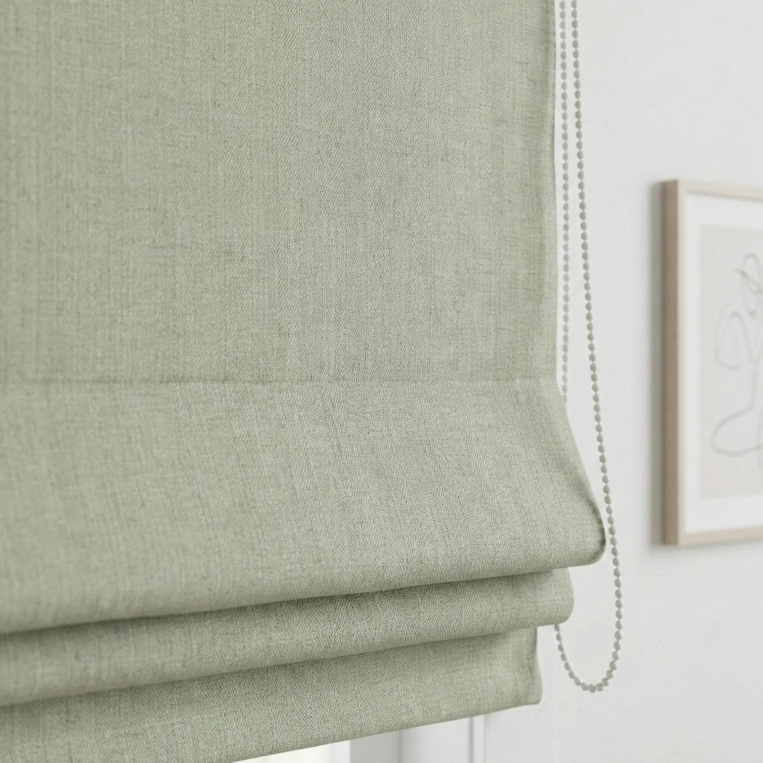 Pale Sage Herringbone Linen Roman Shade, Custom Corded Window Blind, Light Filtering or Blackout Lined — image 1