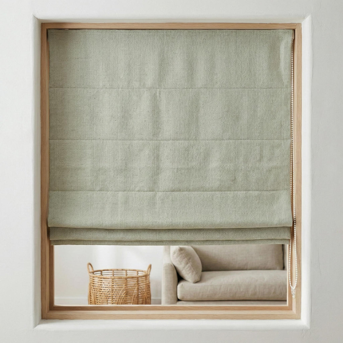 Pale Sage Herringbone Linen Roman Shade, Custom Corded Window Blind, Light Filtering or Blackout Lined — image 1