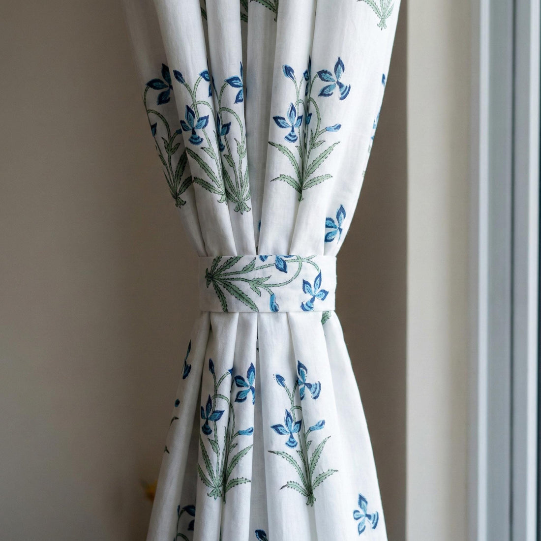 Hand Block Print Organic Cotton Curtains, Blue Floral Sage Green Stem Pattern — image 1