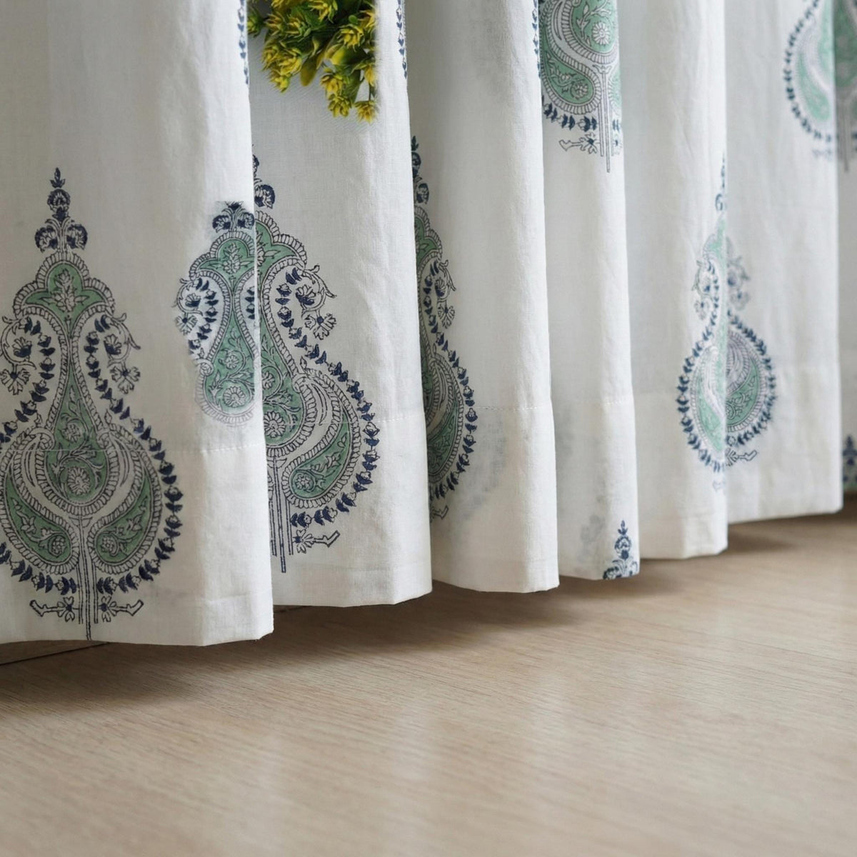 Organic Cotton Curtains, Sage Green Paisley Block Print, Custom Drapes — image 3