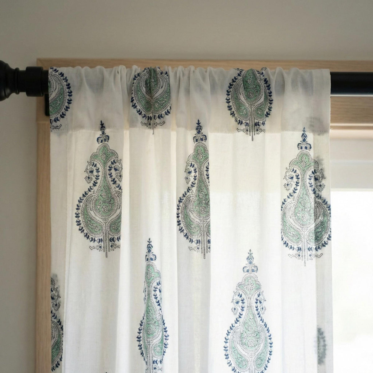 Organic Cotton Curtains, Sage Green Paisley Block Print, Custom Drapes — image 8