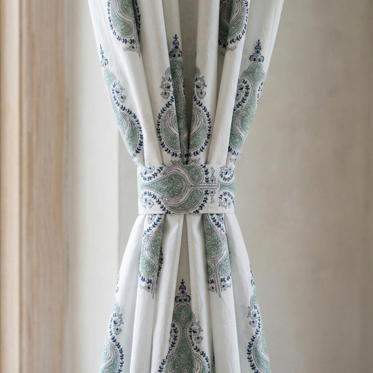 Organic Cotton Curtains, Sage Green Paisley Block Print, Custom Drapes — image 4