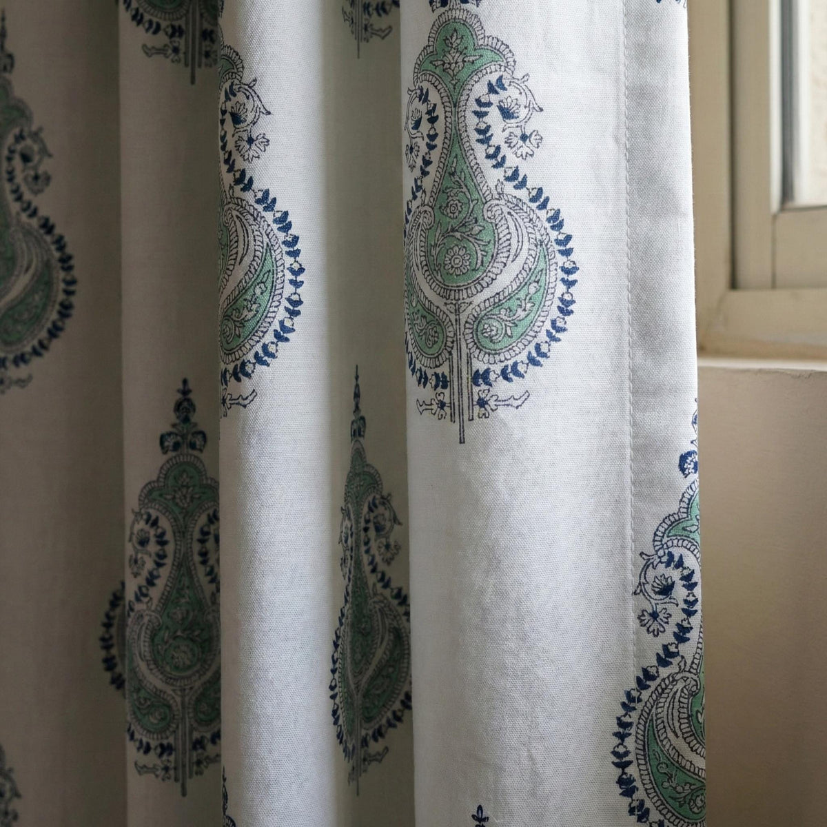 Organic Cotton Curtains, Sage Green Paisley Block Print, Custom Drapes — image 6