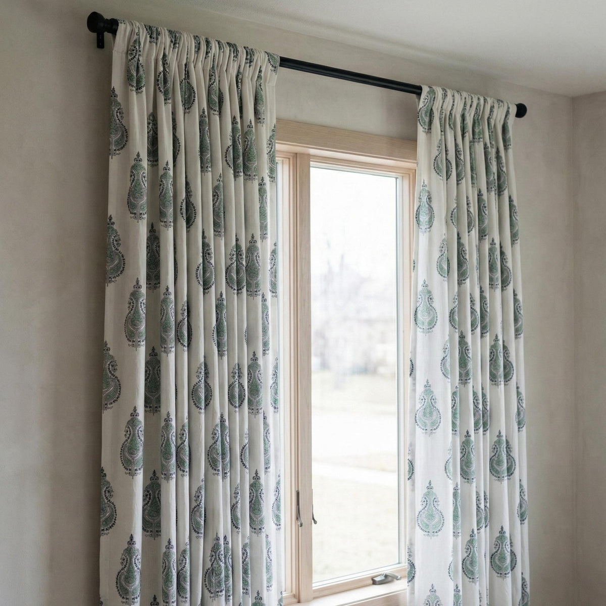 Organic Cotton Curtains, Sage Green Paisley Block Print, Custom Drapes — image 7