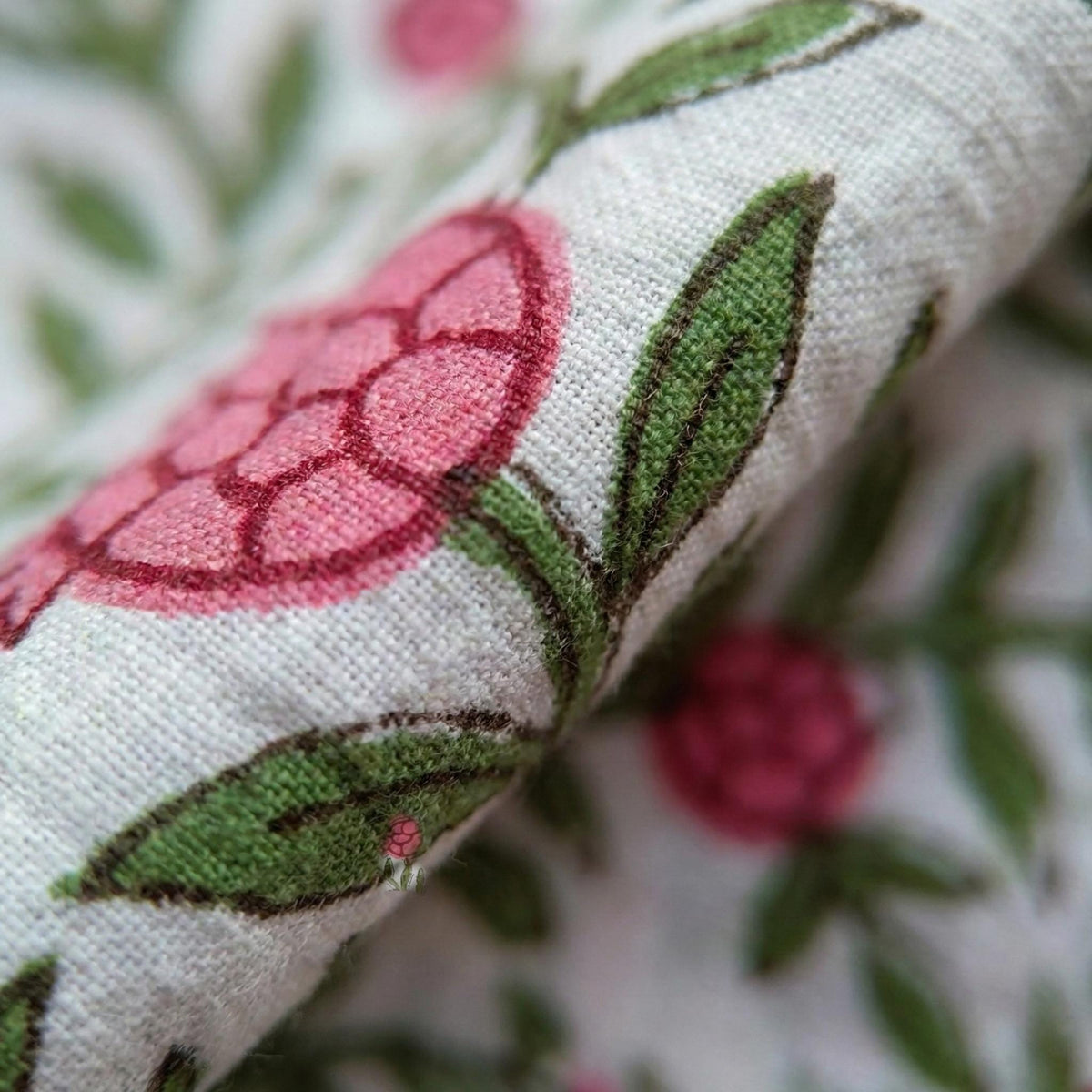 White Cotton Curtains, Pink Pomegranate Floral Block Print, Custom Size — image 3