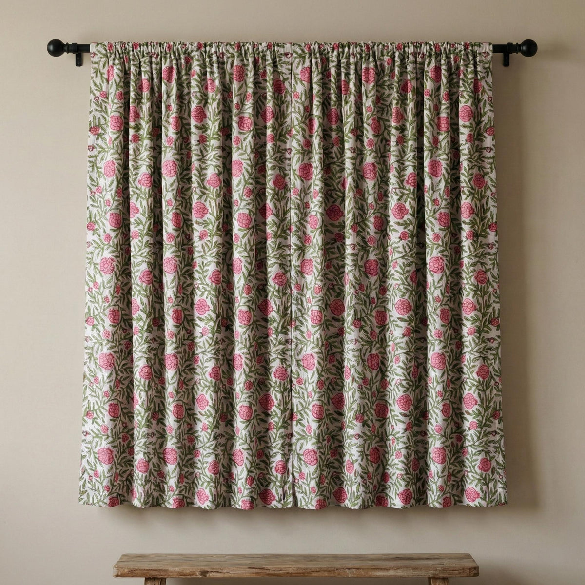 White Cotton Curtains, Pink Pomegranate Floral Block Print, Custom Size — image 5