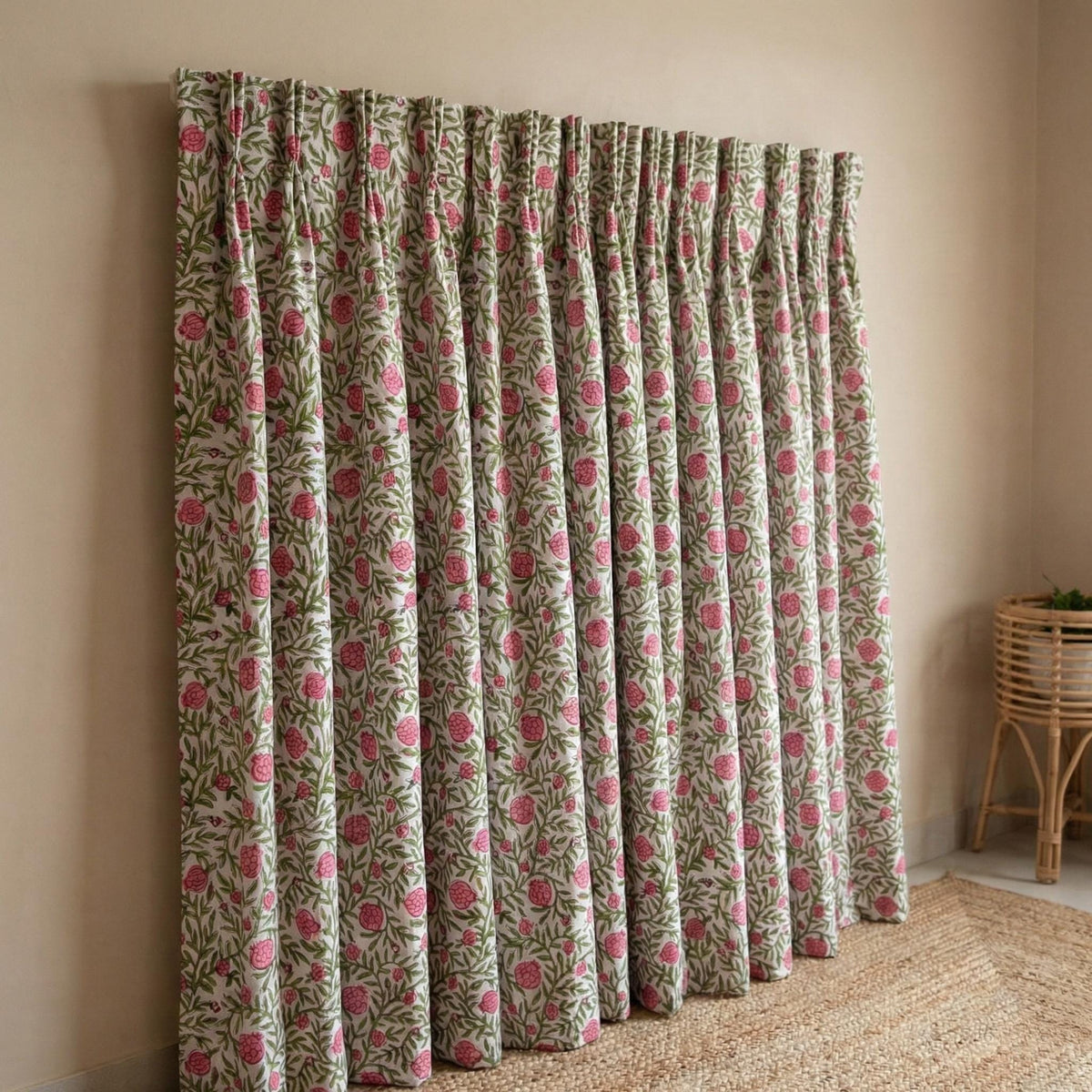 White Cotton Curtains, Pink Pomegranate Floral Block Print, Custom Size — image 8