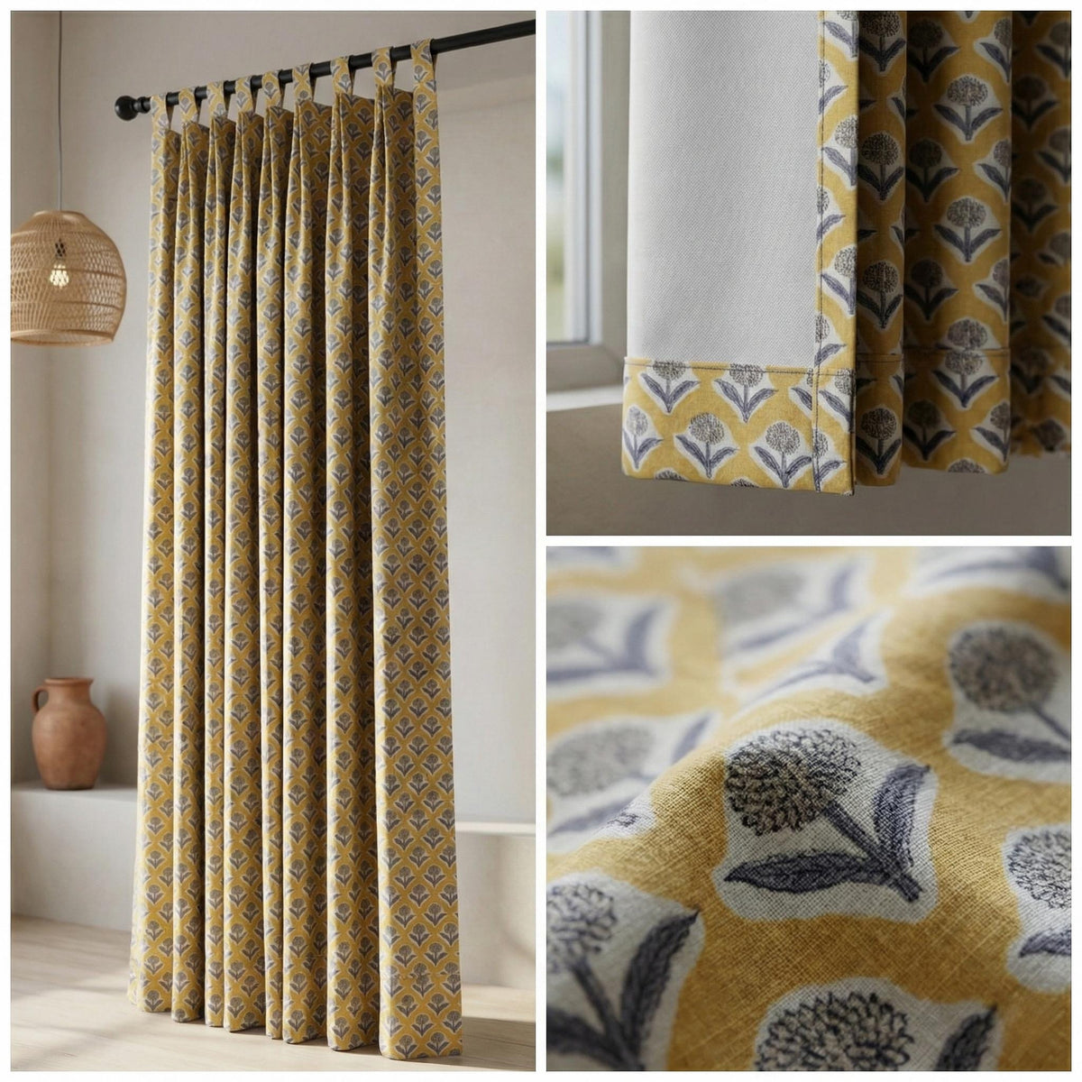 Mustard Yellow Floral Block Print Curtains, Organic Cotton, Custom Size — image 8