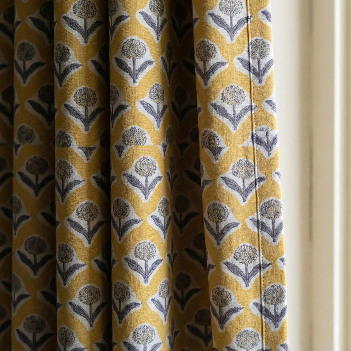 Mustard Yellow Floral Block Print Curtains, Organic Cotton, Custom Size — image 1