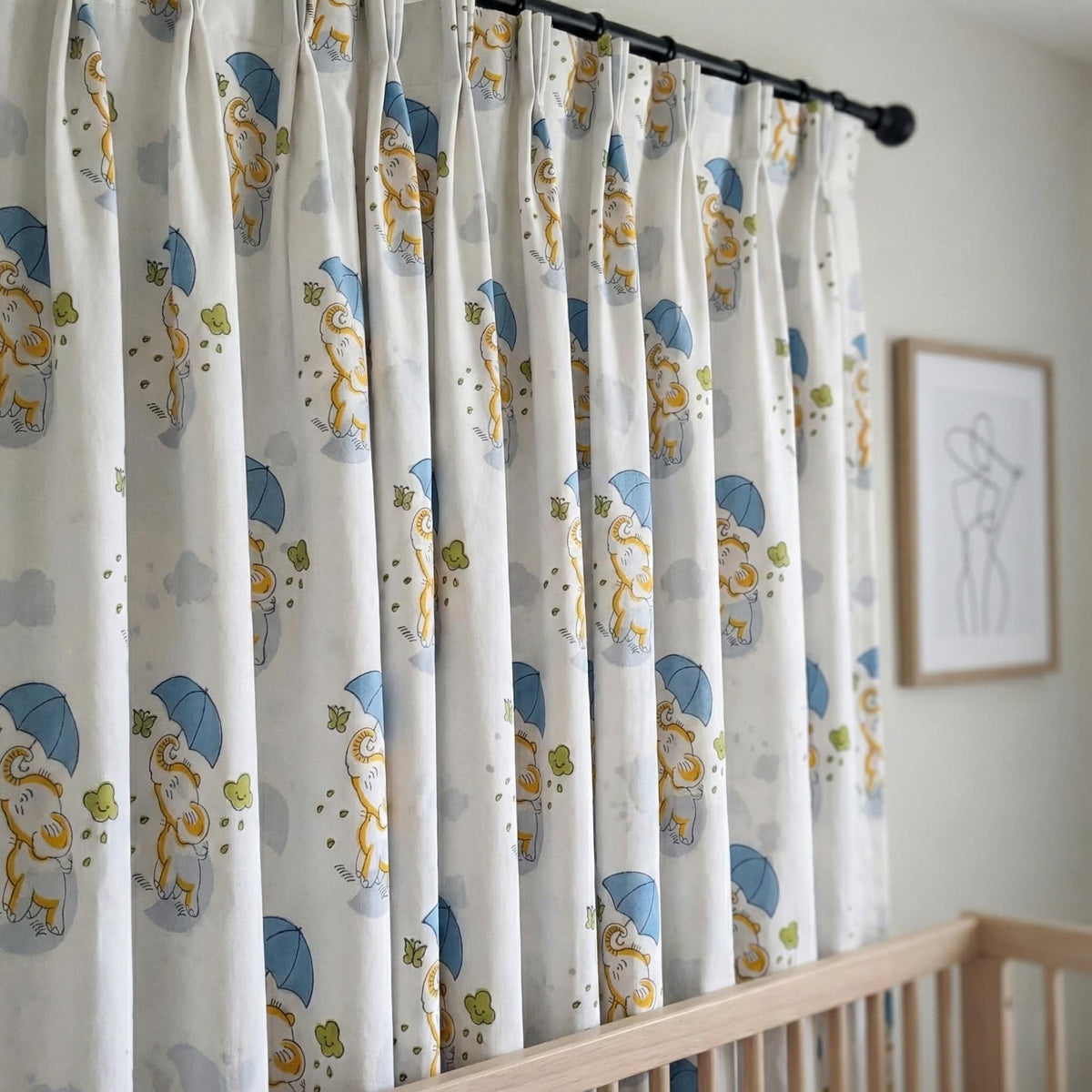 Hand Block Print Organic Cotton Nursery Curtains, Elephant & Umbrella — image 3