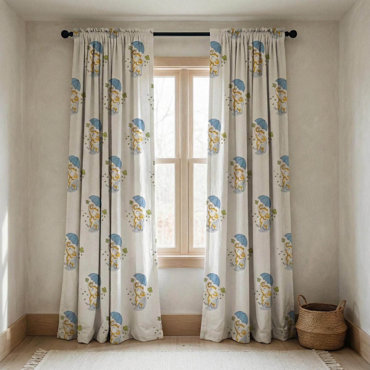 Hand Block Print Organic Cotton Nursery Curtains, Elephant & Umbrella — image 7