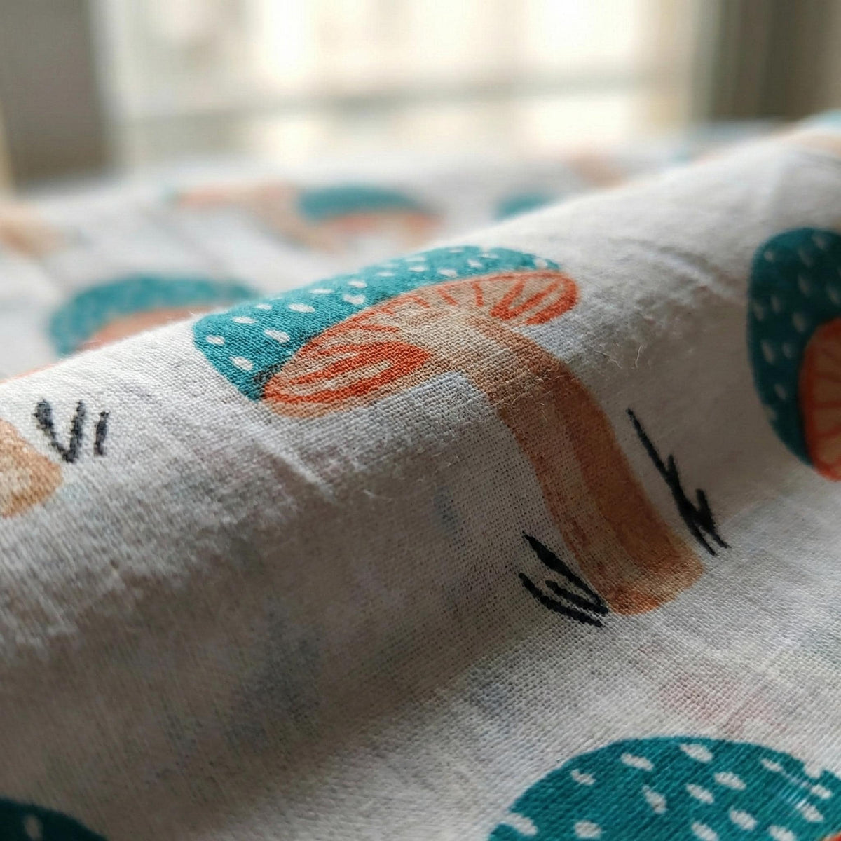 Mushroom Print Organic Cotton Nursery Curtains, Teal & Terracotta — image 3