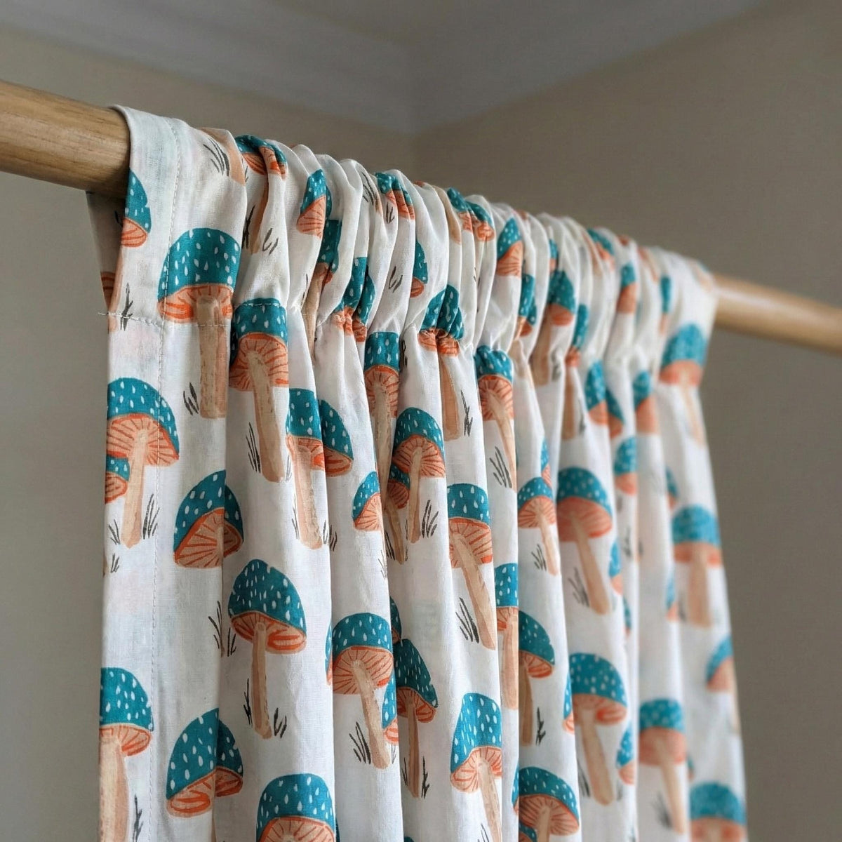Mushroom Print Organic Cotton Nursery Curtains, Teal & Terracotta — image 5
