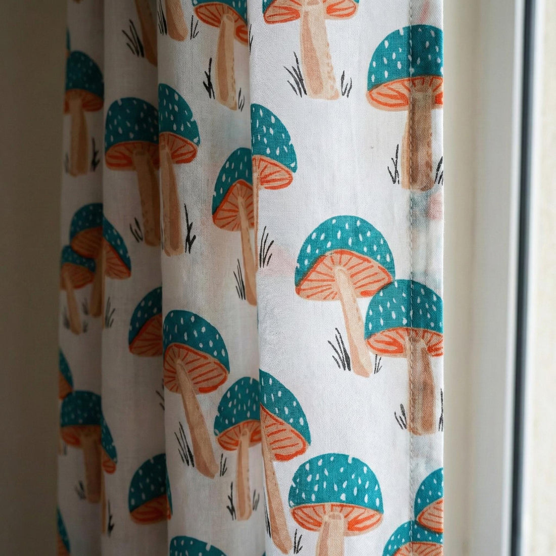 Mushroom Print Organic Cotton Nursery Curtains, Teal & Terracotta — image 1