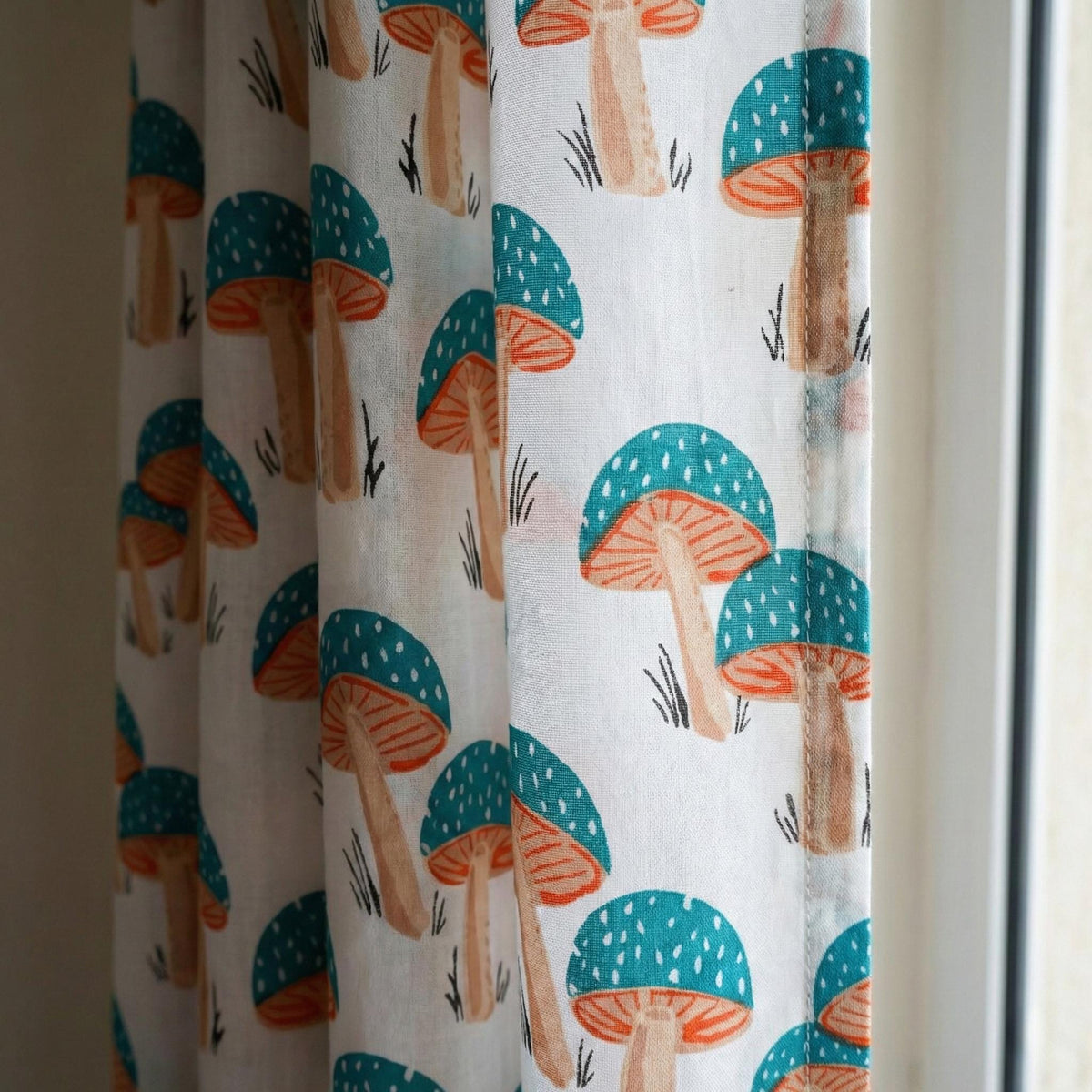 Mushroom Print Organic Cotton Nursery Curtains, Teal & Terracotta — image 1