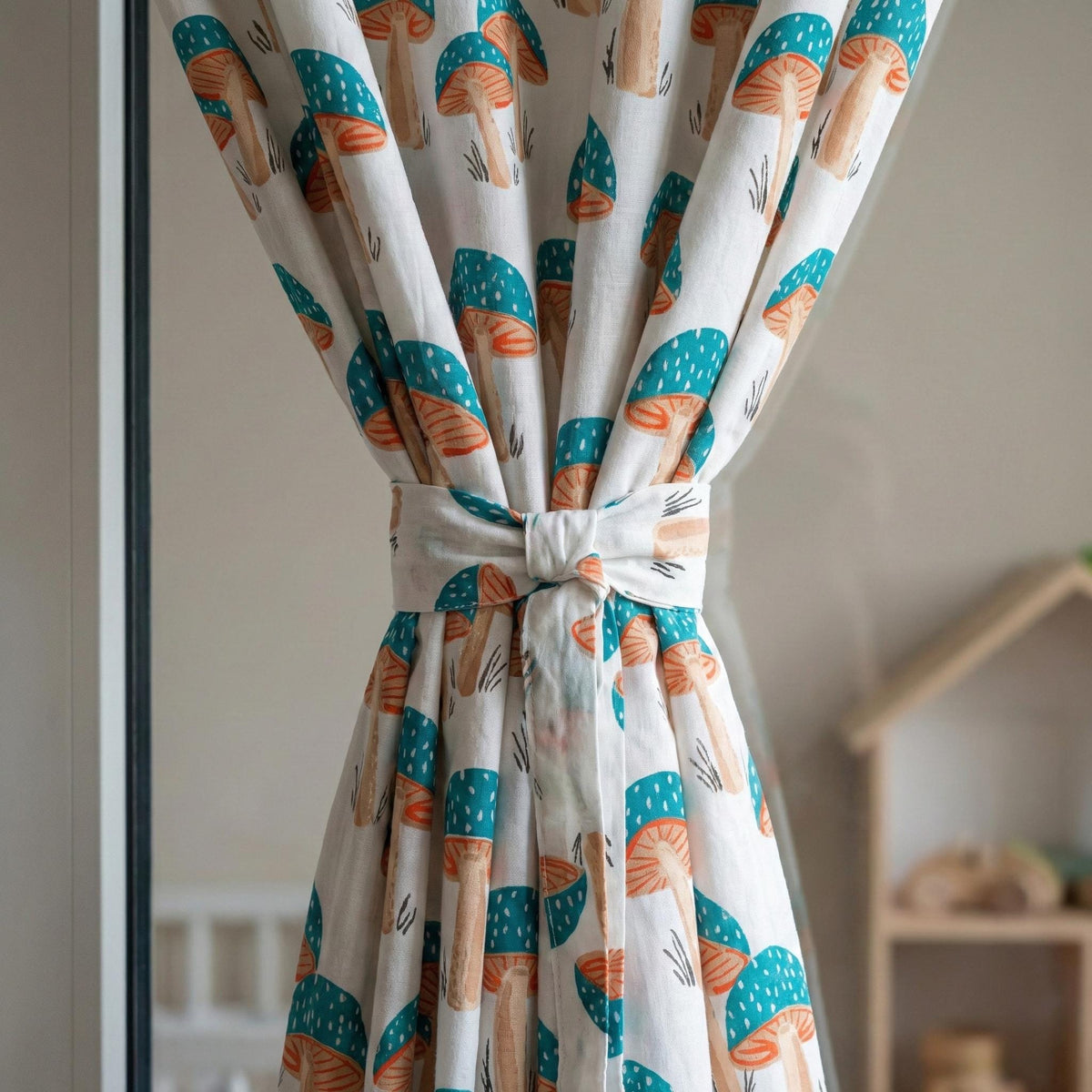 Mushroom Print Organic Cotton Nursery Curtains, Teal & Terracotta — image 2