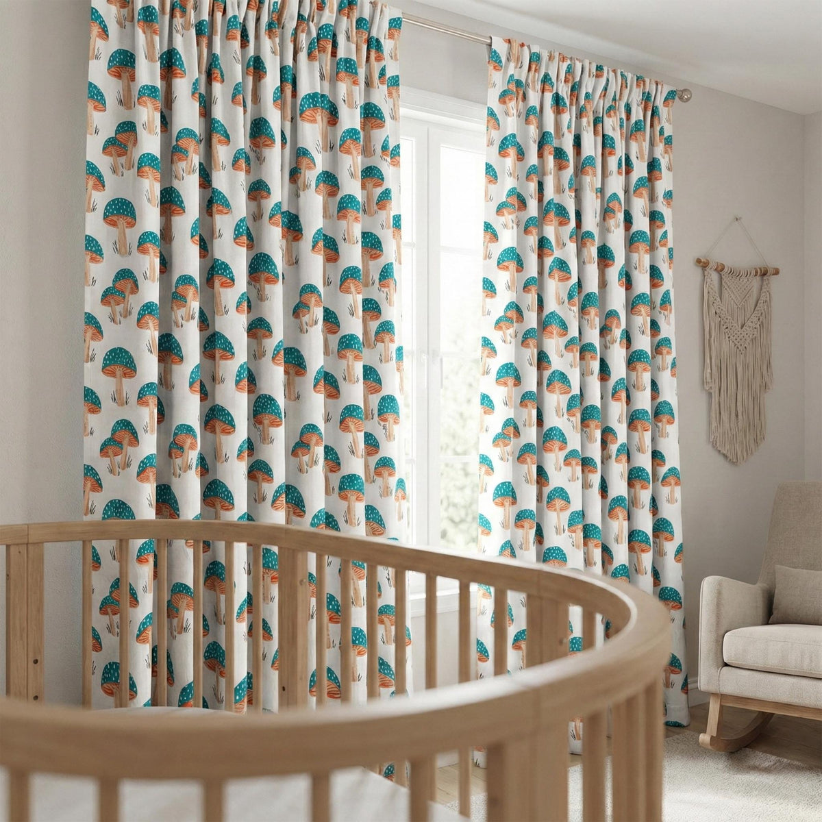Mushroom Print Organic Cotton Nursery Curtains, Teal & Terracotta — image 6