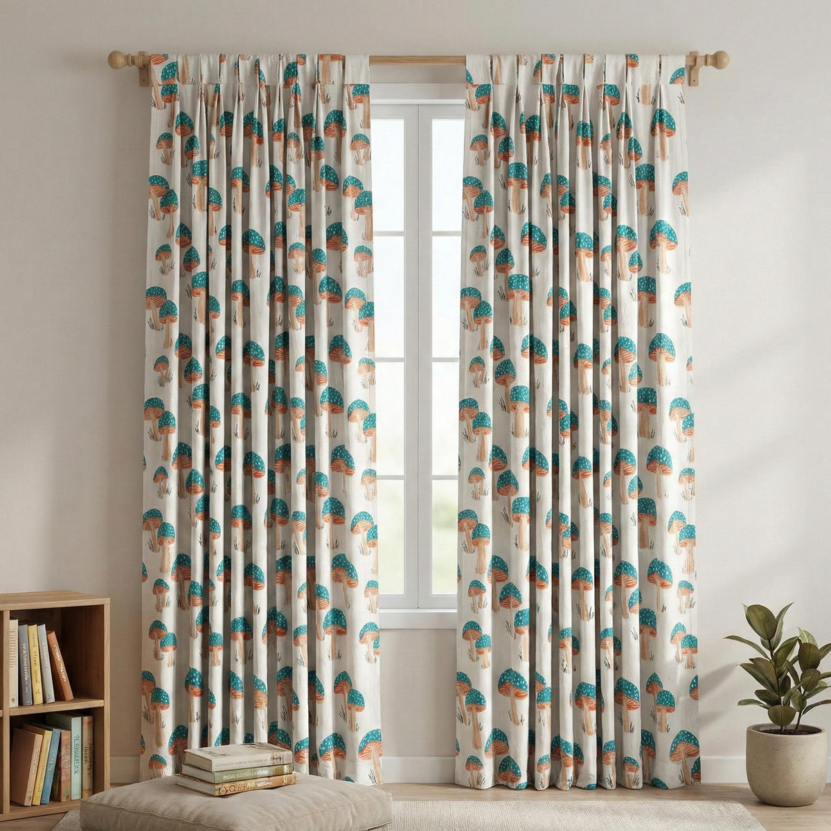 Mushroom Print Organic Cotton Nursery Curtains, Teal & Terracotta — image 8