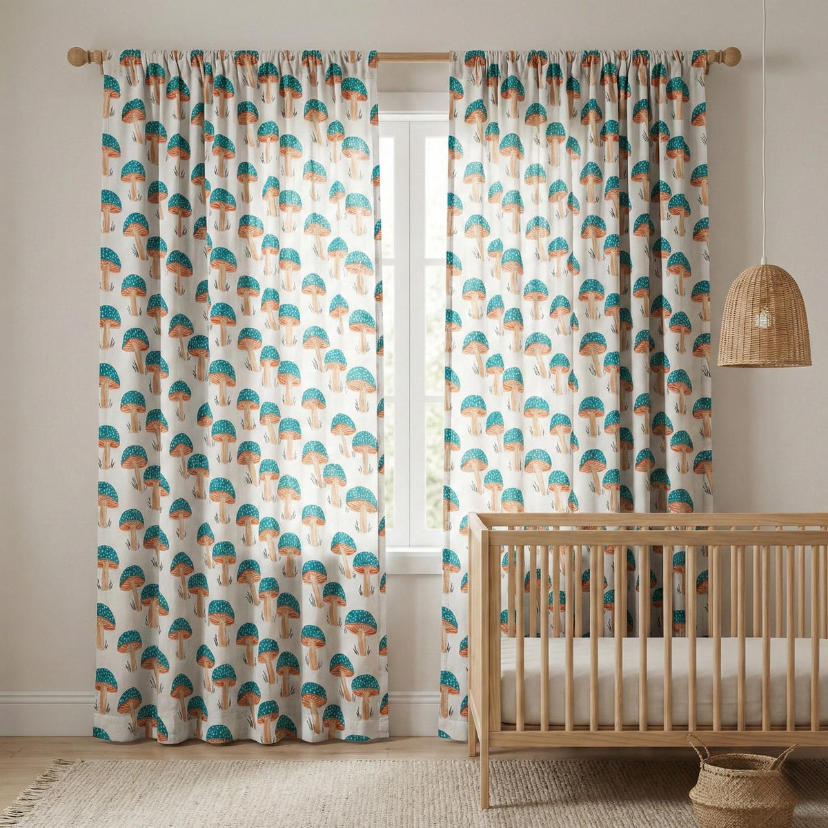 Mushroom Print Organic Cotton Nursery Curtains, Teal & Terracotta — image 7