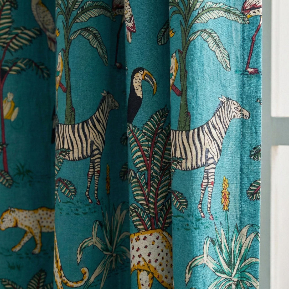 Teal Jungle Safari Curtains, Organic Cotton Block Print, Nursery Kids Room — image 1