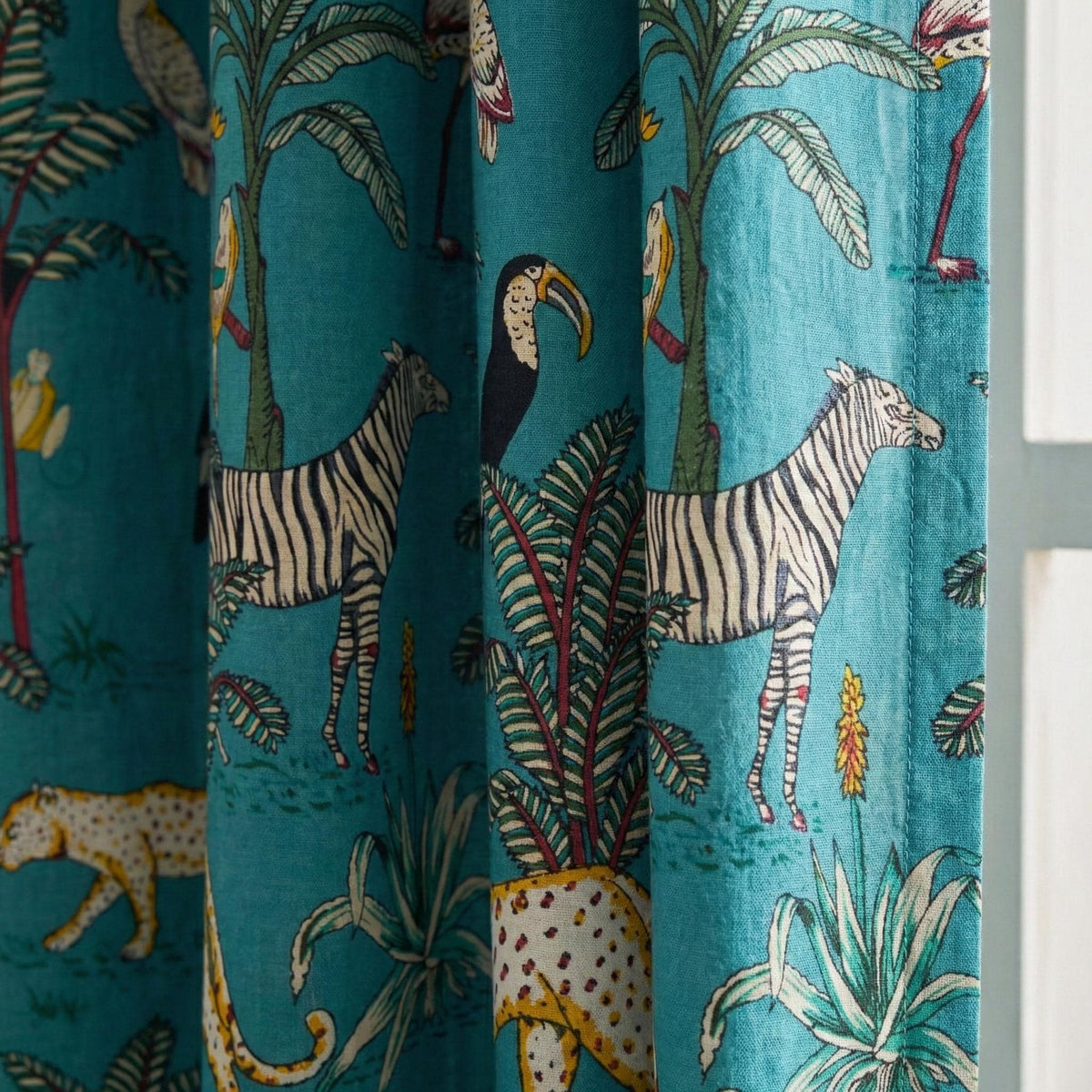 Teal Jungle Safari Curtains, Organic Cotton Block Print, Nursery Kids Room — image 1