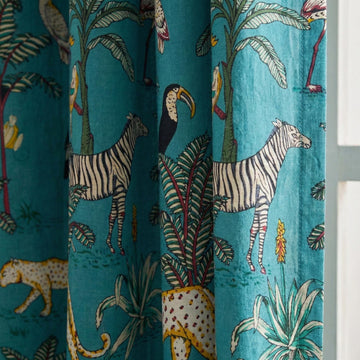 Teal Jungle Safari Curtains, Organic Cotton Block Print, Nursery Kids Room — image 1
