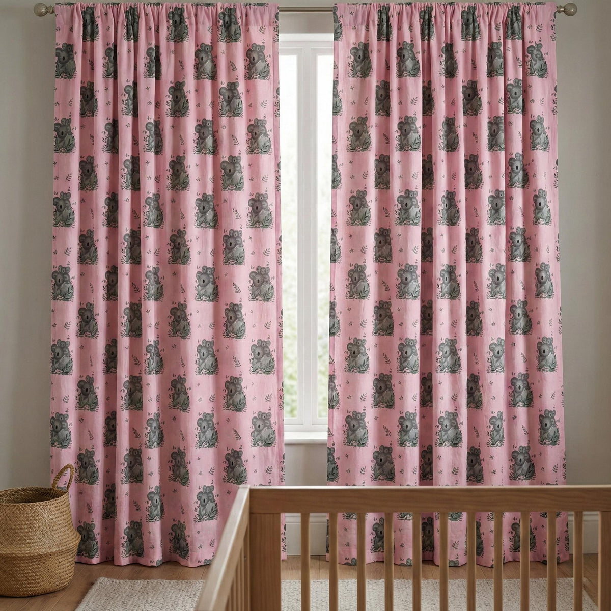 Blush Pink Koala Nursery Curtains, Organic Cotton Block Print — image 8