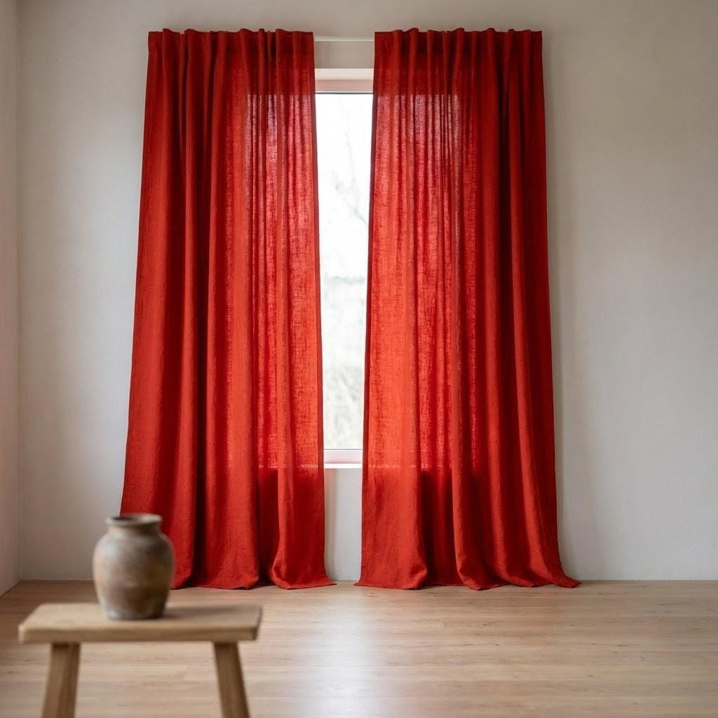 Red Orange Linen Curtains, Custom Size, Blackout Option — image 7