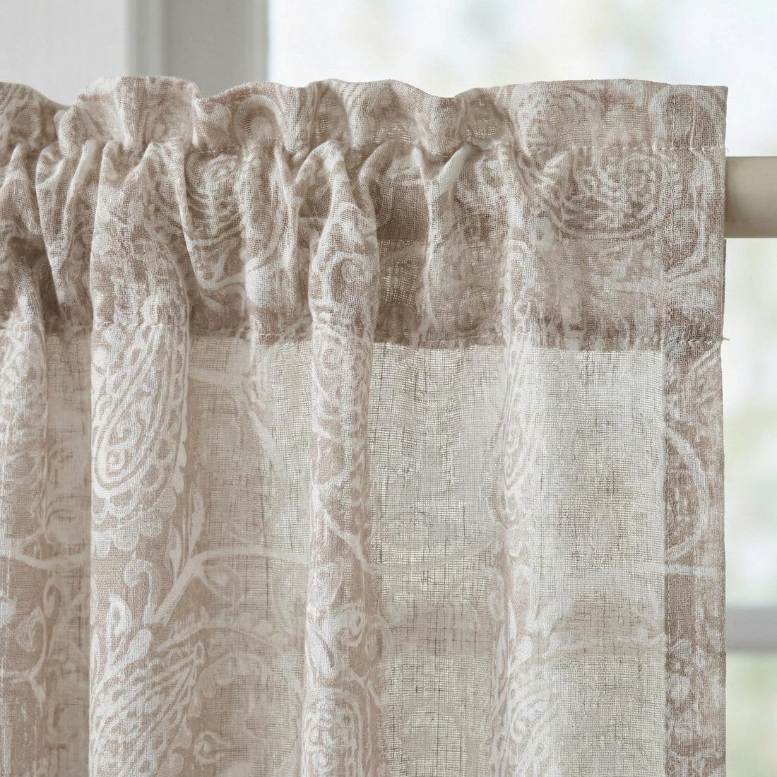 Beige Paisley Linen Sheer Curtain, Light Filtering Panel, Custom Size — image 1