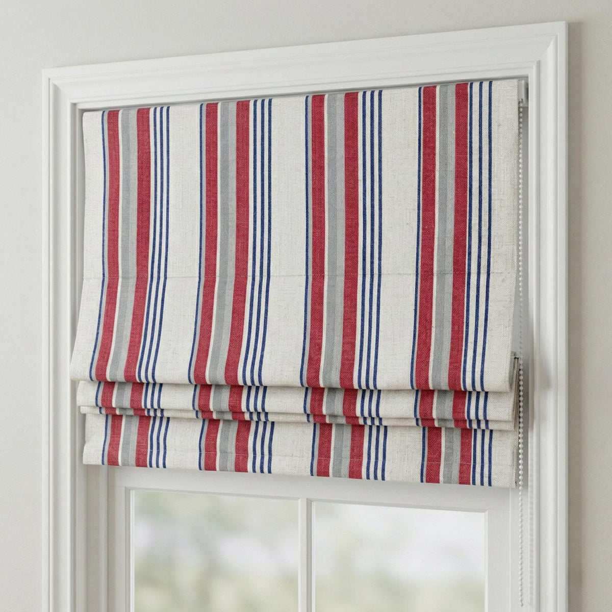 Farmhouse Ticking Stripe Linen Roman Shade, Red Navy Grey, Custom (Light Filtering or Blackout) — image 1