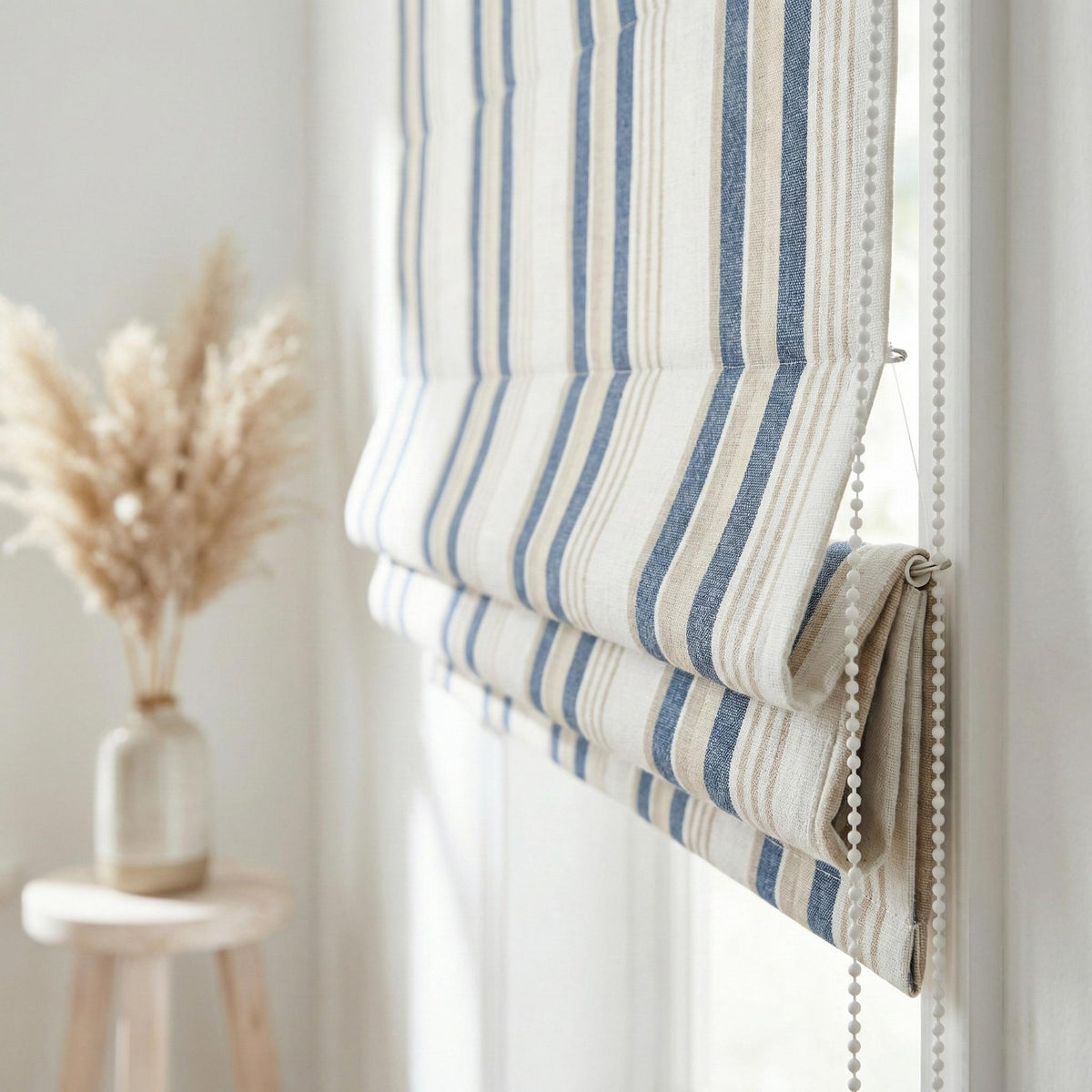 Blue Ticking Stripe Linen Roman Shade, Navy Beige Farmhouse Window Blind (Light Filtering/Blackout) — image 7