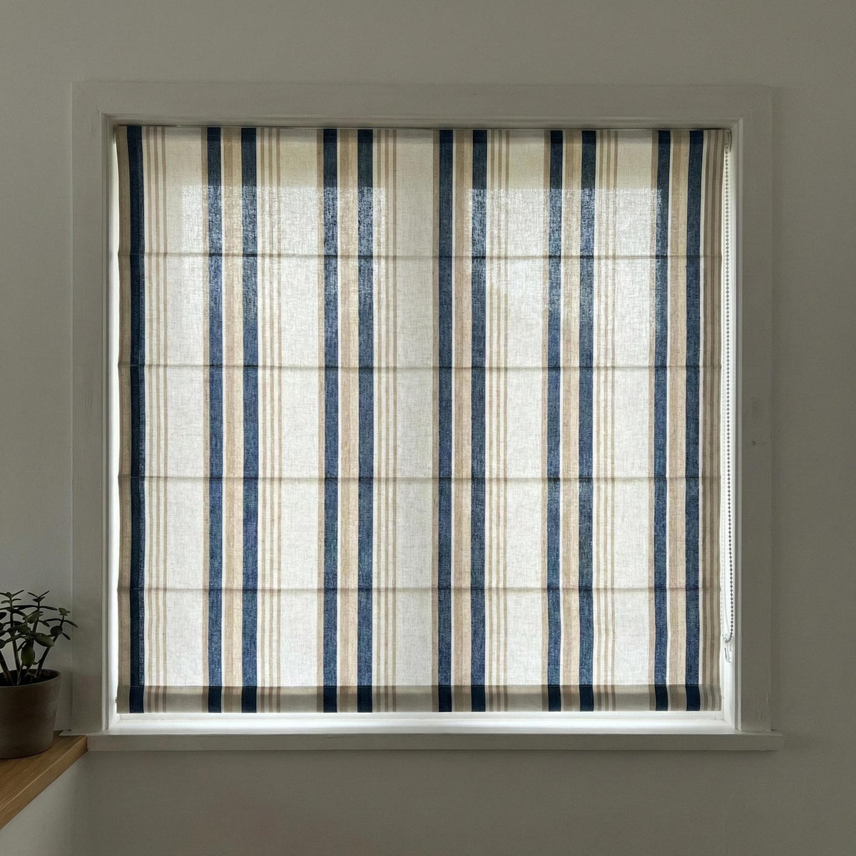 Blue Ticking Stripe Linen Roman Shade, Navy Beige Farmhouse Window Blind (Light Filtering/Blackout) — image 6