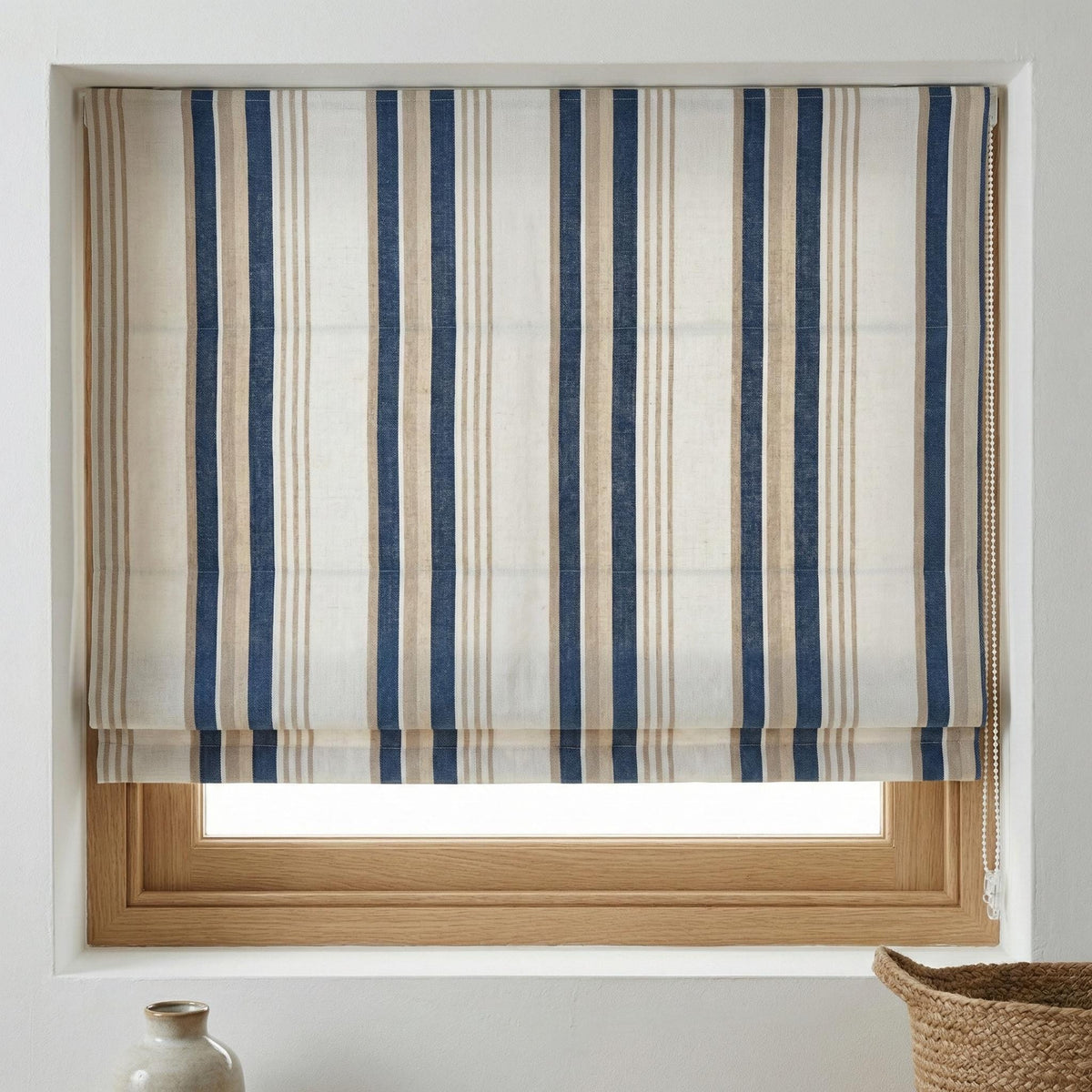 Blue Ticking Stripe Linen Roman Shade, Navy Beige Farmhouse Window Blind (Light Filtering/Blackout) — image 2