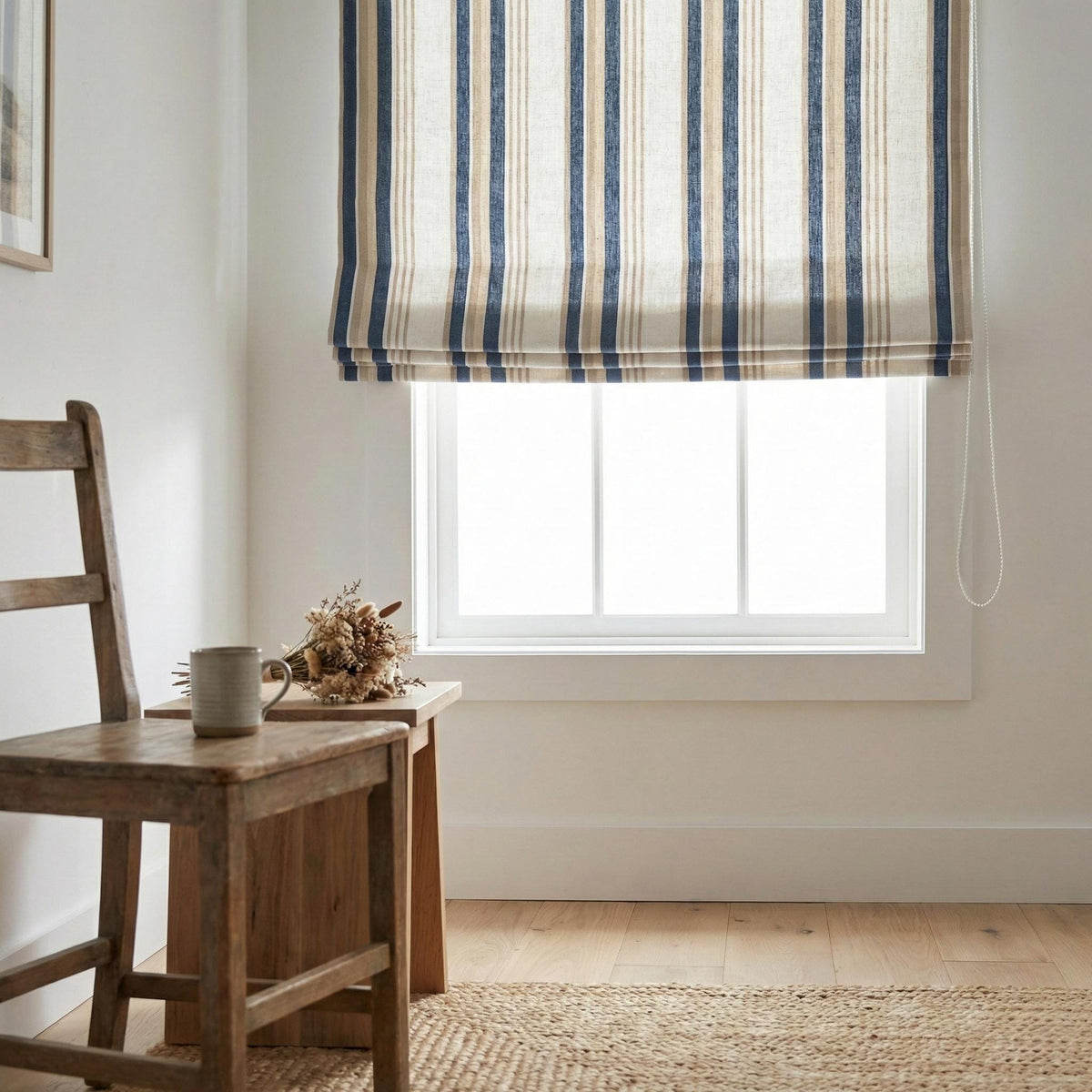 Blue Ticking Stripe Linen Roman Shade, Navy Beige Farmhouse Window Blind (Light Filtering/Blackout) — image 8