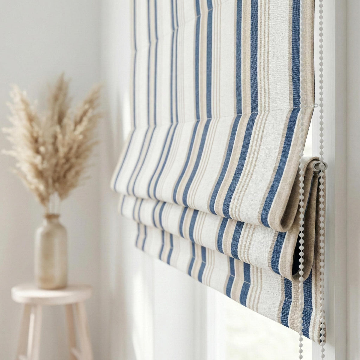 Blue Ticking Stripe Linen Roman Shade, Navy Beige Farmhouse Window Blind (Light Filtering/Blackout) — image 4