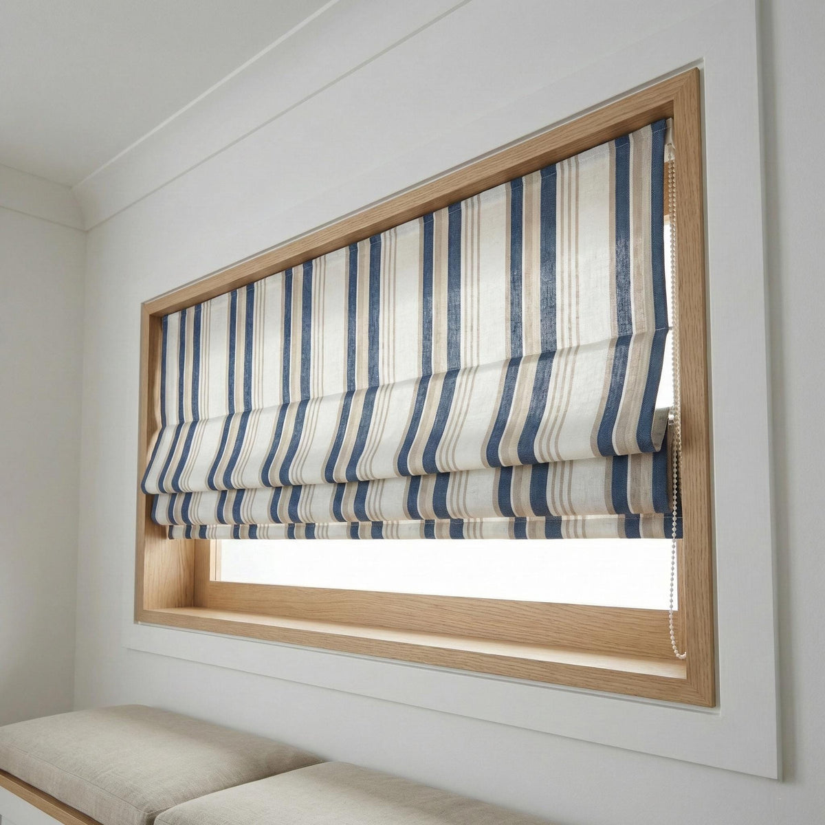 Blue Ticking Stripe Linen Roman Shade, Navy Beige Farmhouse Window Blind (Light Filtering/Blackout) — image 3