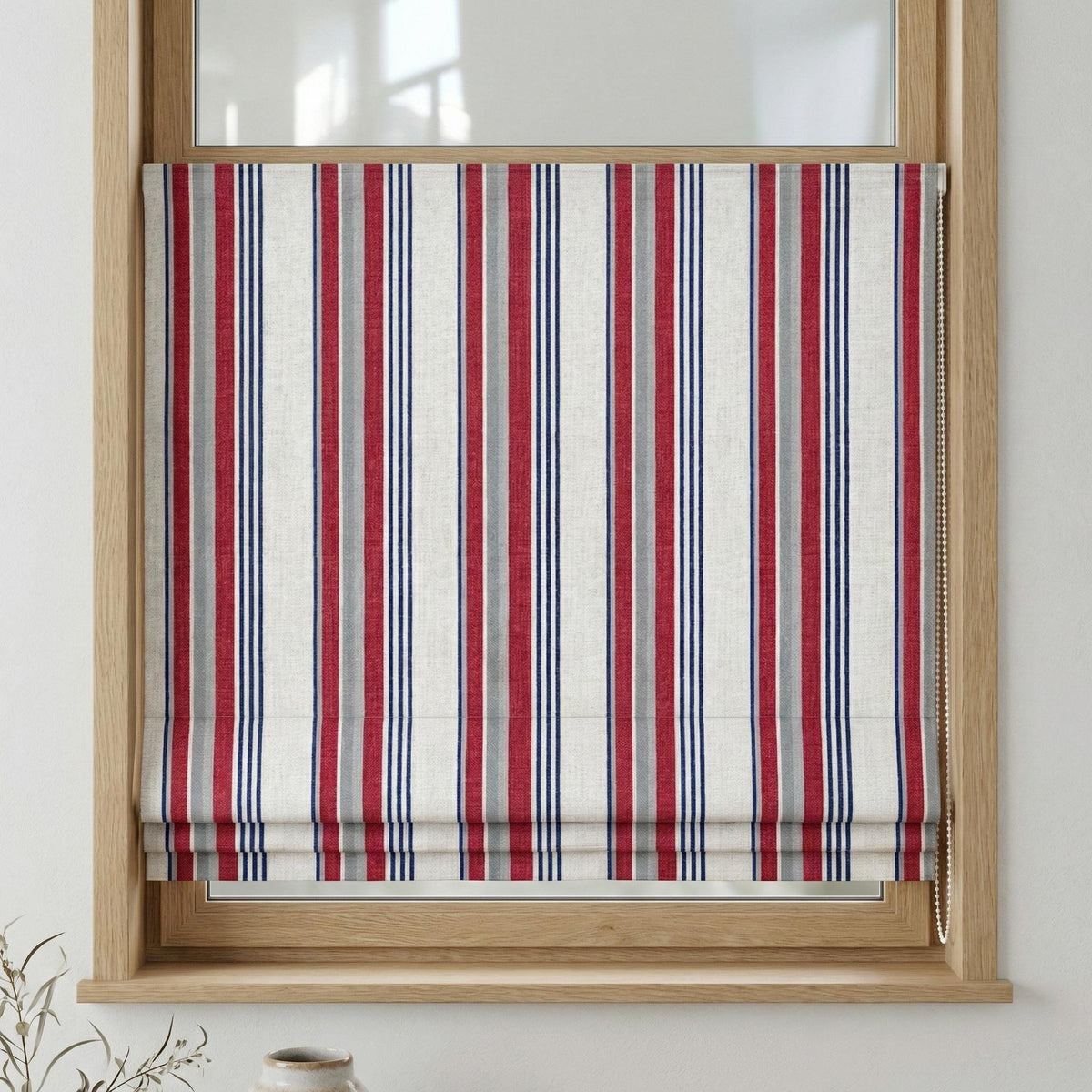 Farmhouse Ticking Stripe Linen Roman Shade, Red Navy Grey, Custom (Light Filtering or Blackout) — image 5