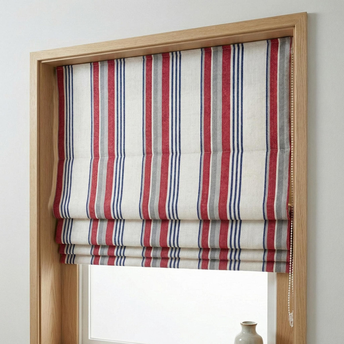 Farmhouse Ticking Stripe Linen Roman Shade, Red Navy Grey, Custom (Light Filtering or Blackout) — image 3