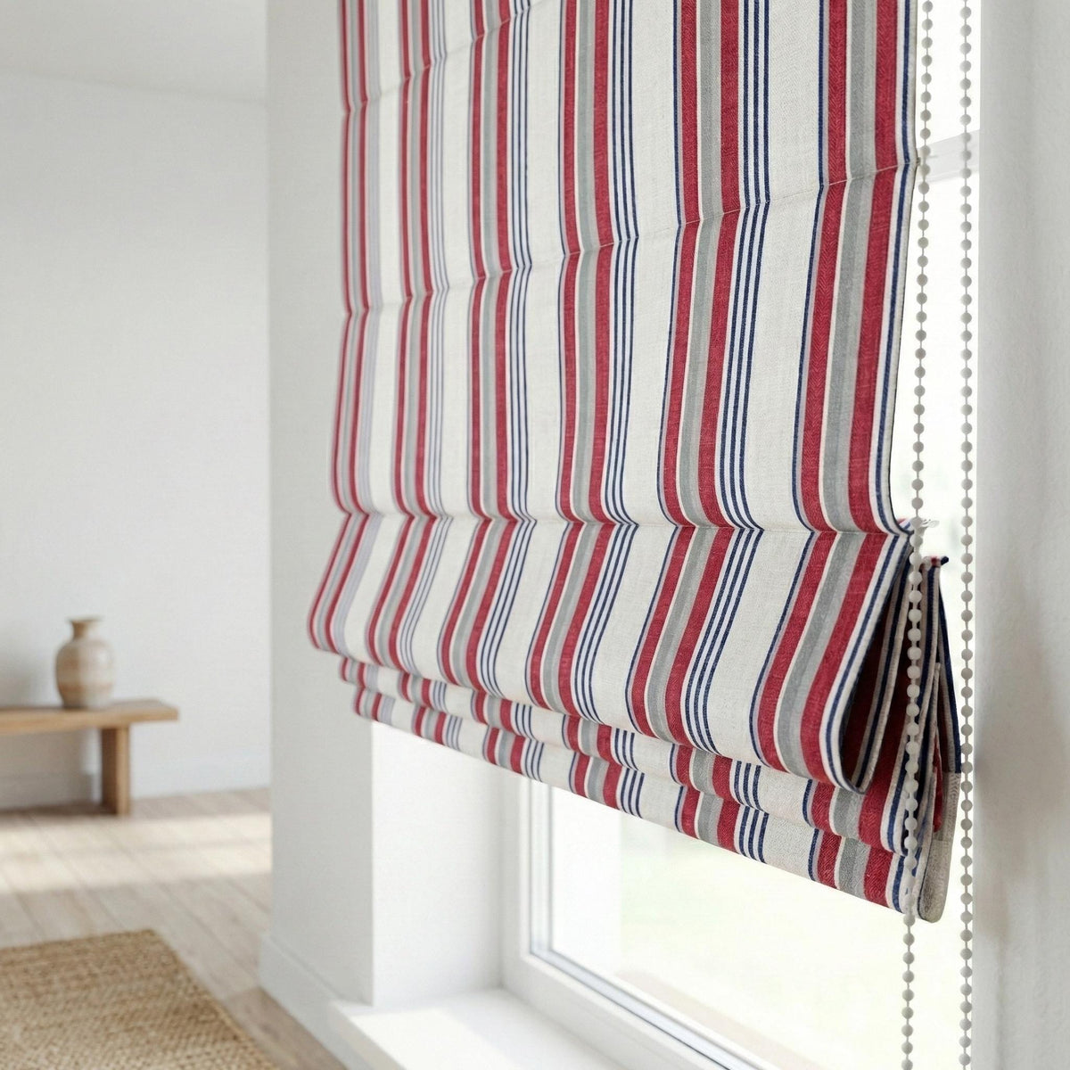 Farmhouse Ticking Stripe Linen Roman Shade, Red Navy Grey, Custom (Light Filtering or Blackout) — image 8