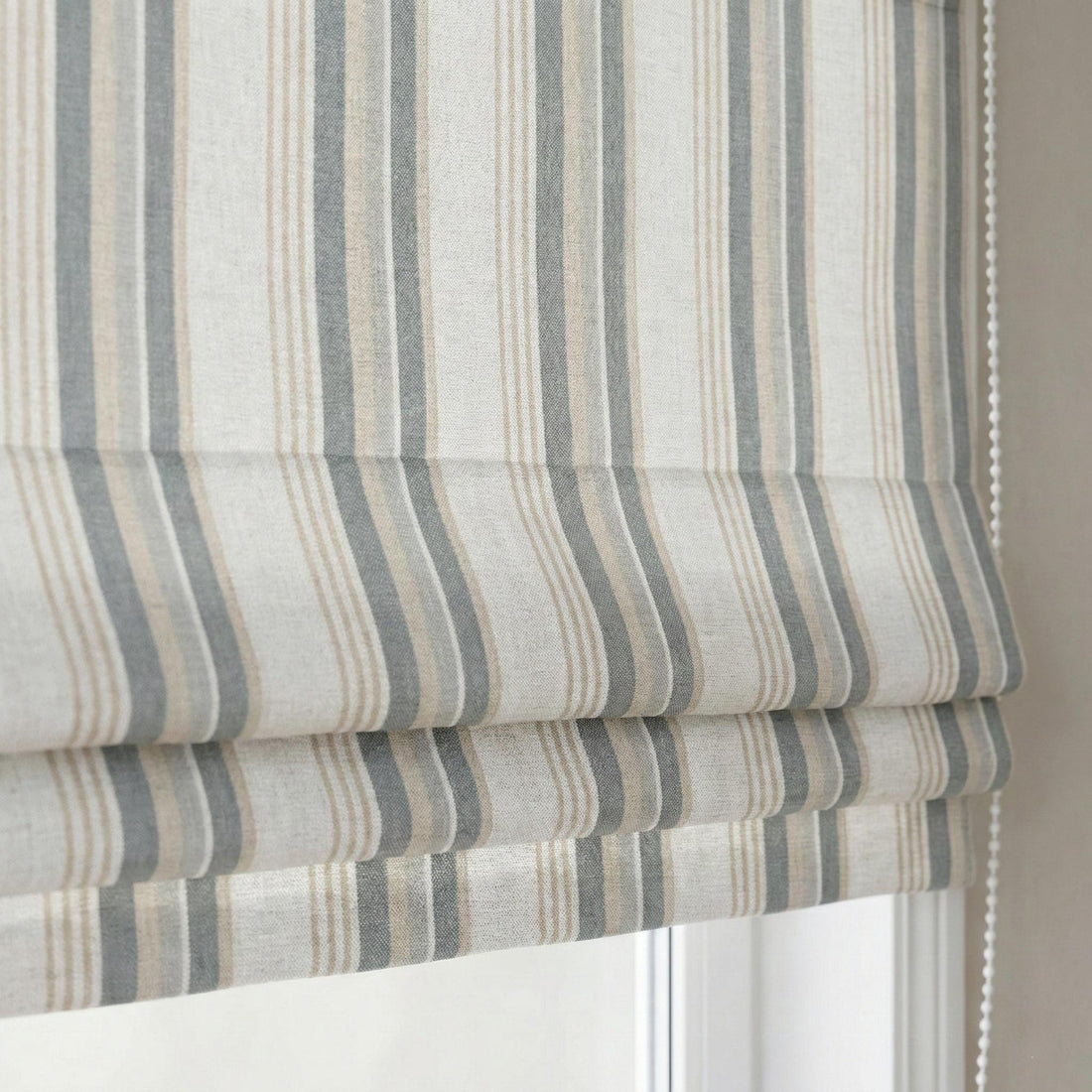 Farmhouse Stripe Roman Shade: Organic Linen, Custom Corded Blackout — image 1