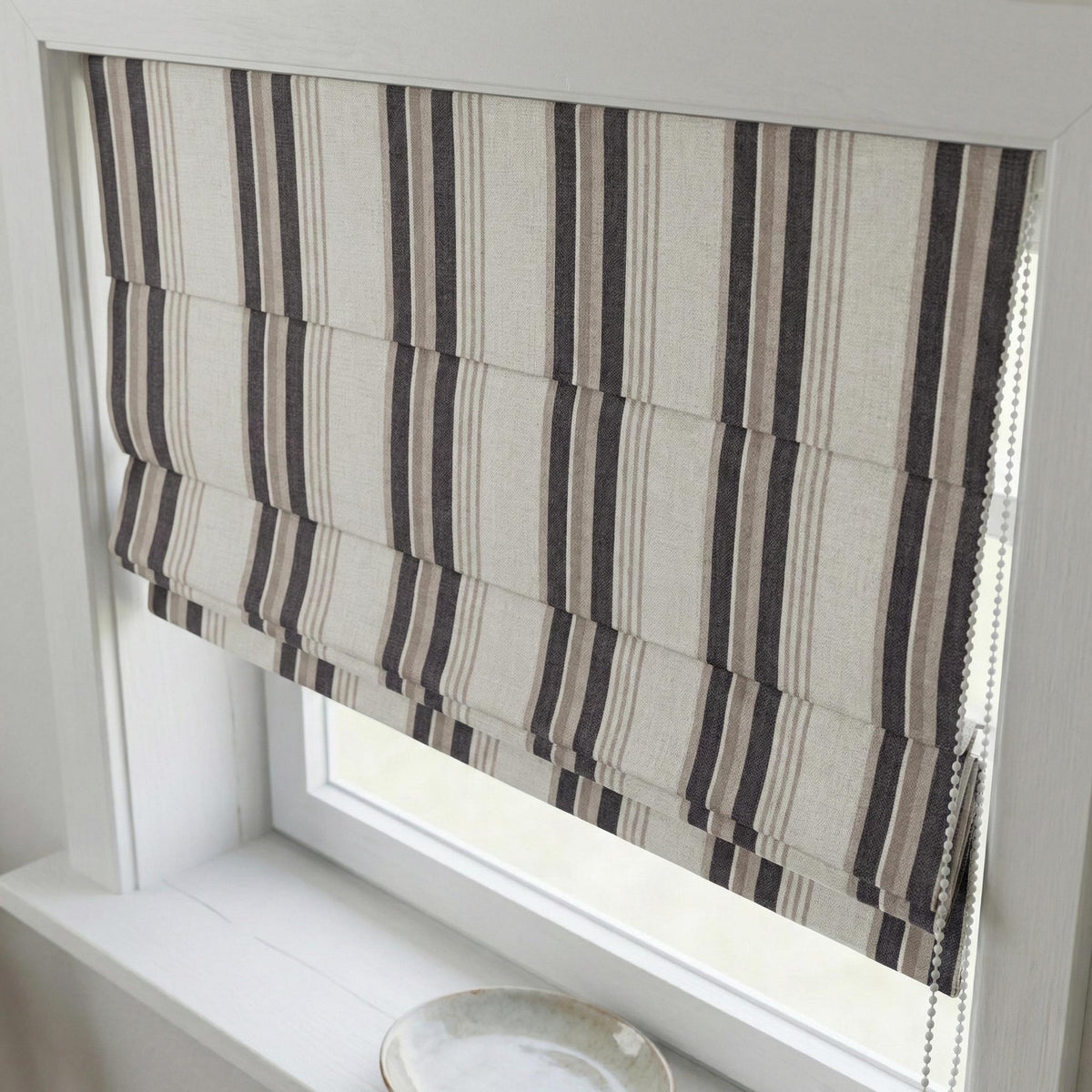 Roman Shade: Organic Linen, Taupe & Charcoal Stripes - Made to Measure — image 10