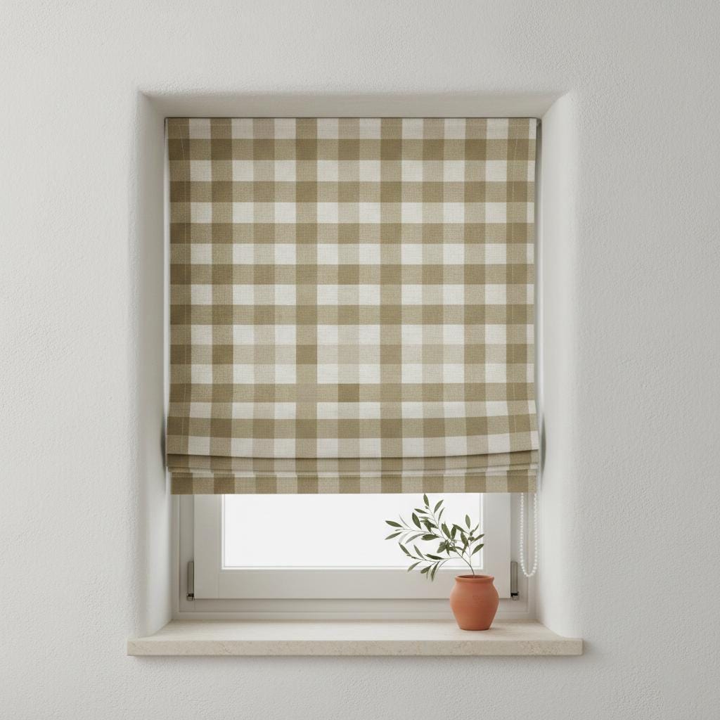 Olive Green Gingham Linen Roman Shade, Custom Farmhouse Window Blind — image 1