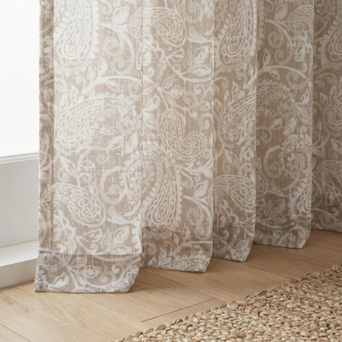 Beige Paisley Linen Sheer Curtain, Light Filtering Panel, Custom Size — image 1