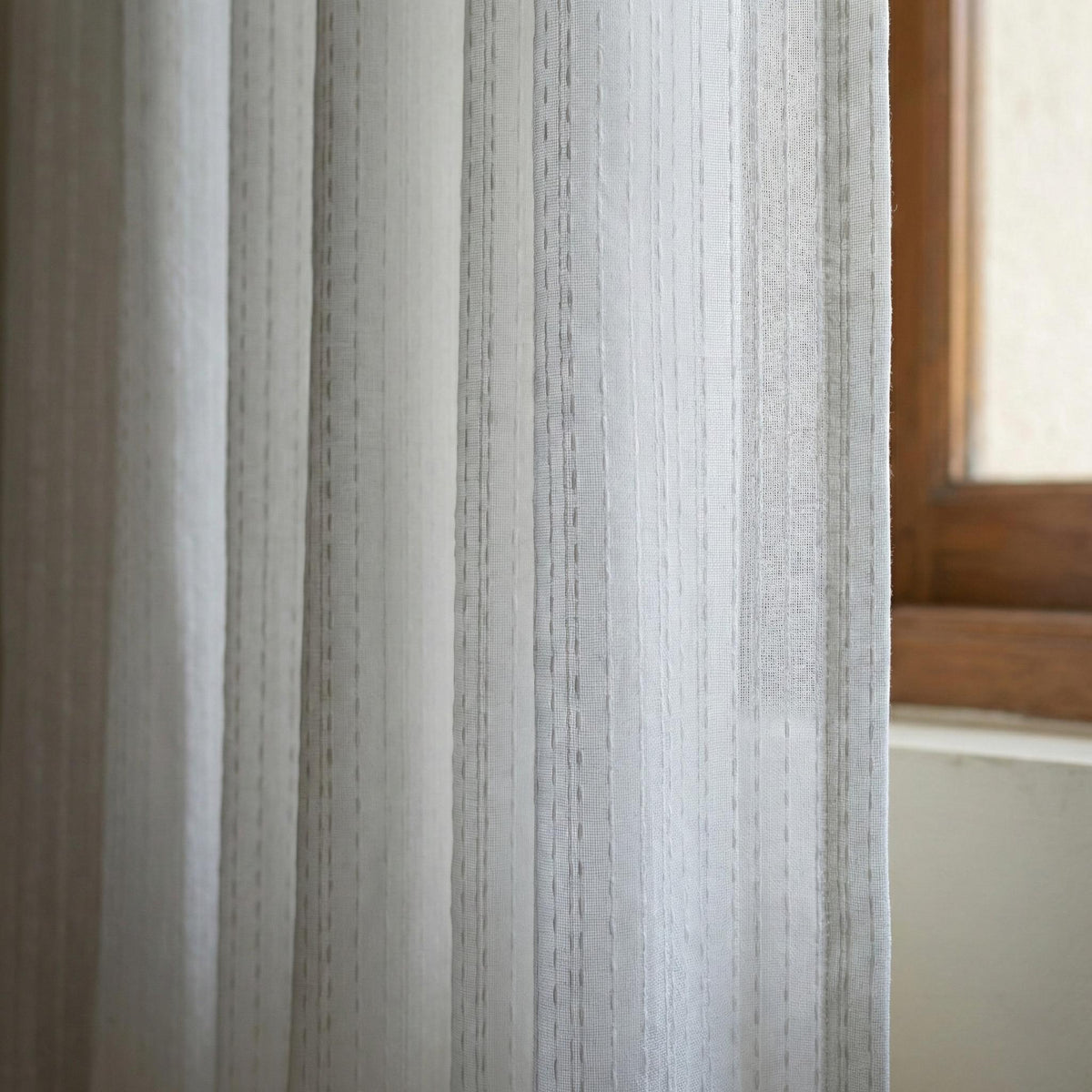 White Linen Sheer Curtains, Embroidered Vertical Stripe, Custom Size — image 6