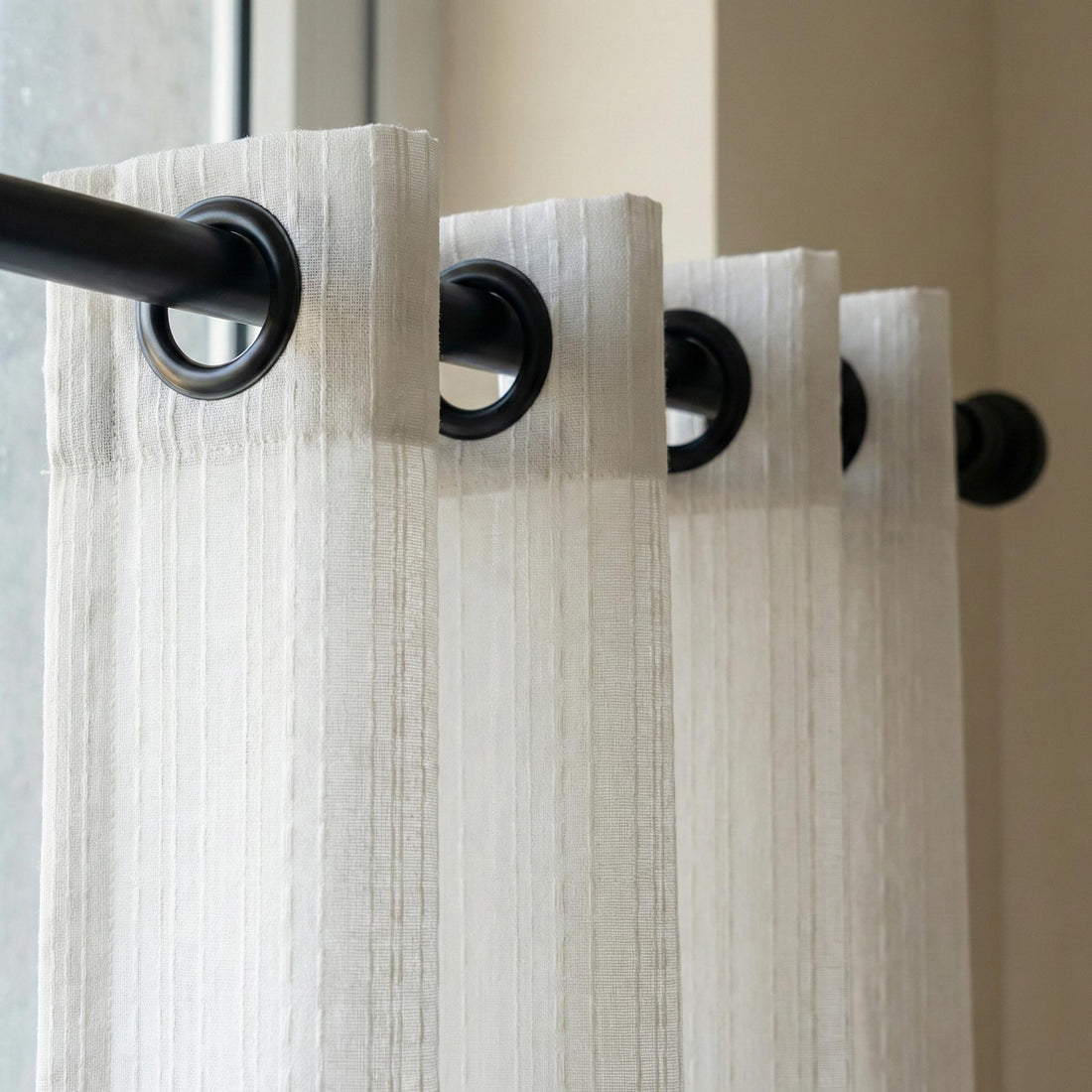 White Linen Sheer Curtains, Embroidered Vertical Stripe, Custom Size — image 1