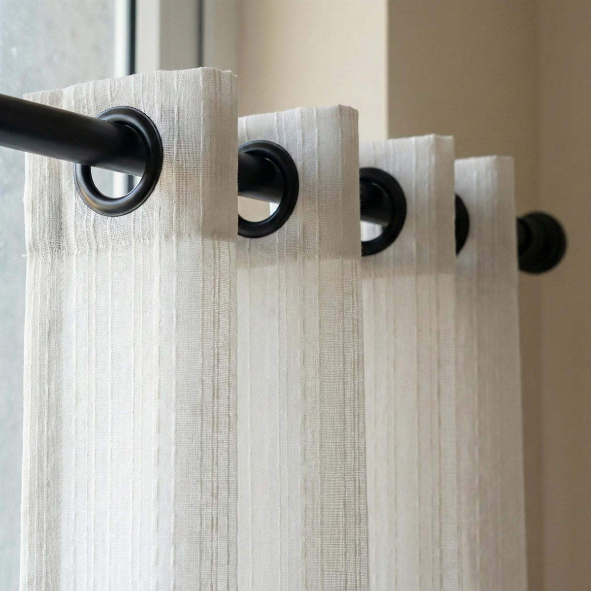 White Linen Sheer Curtains, Embroidered Vertical Stripe, Custom Size — image 1